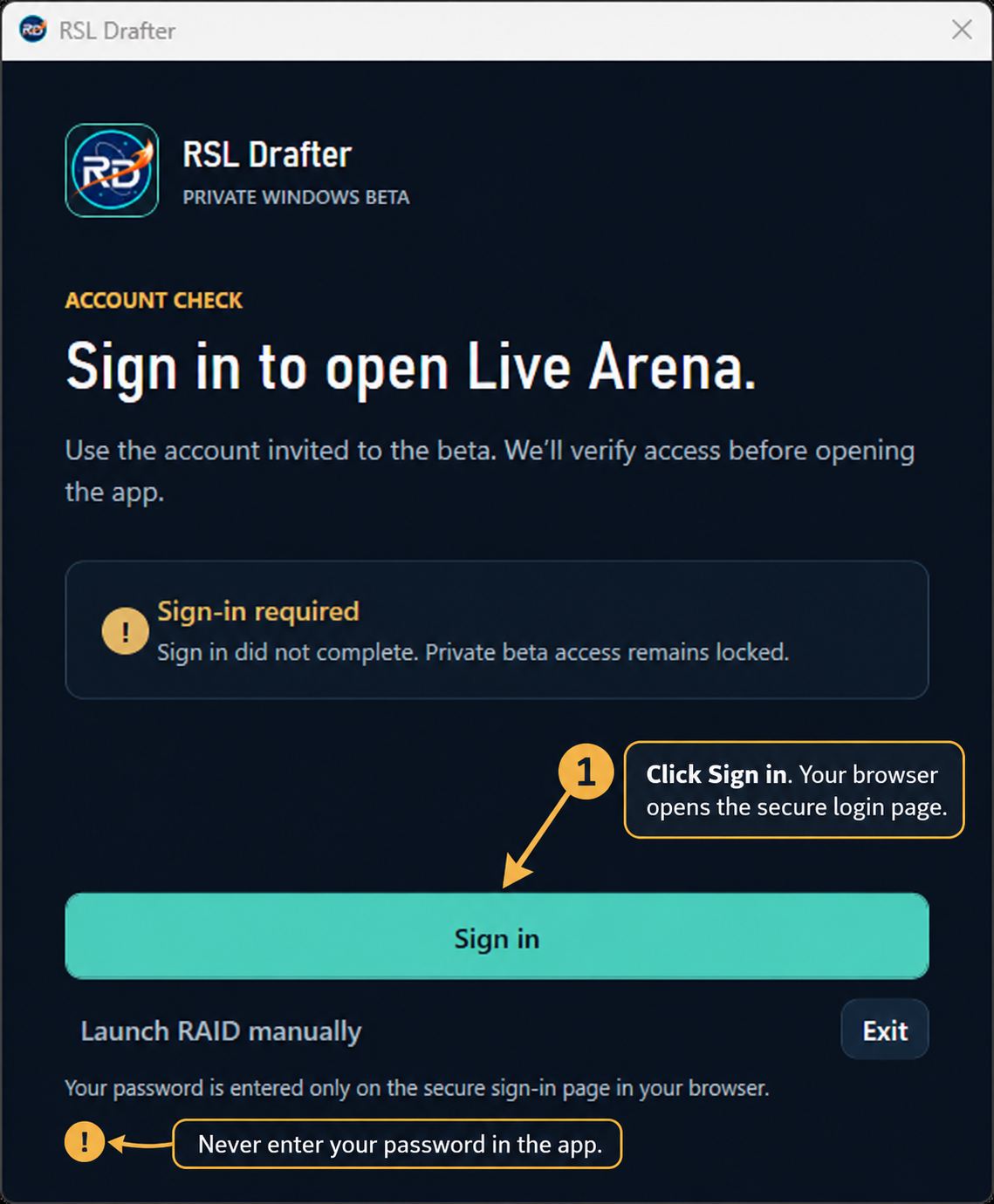 RSL Drafter account check screen. The amber arrow points to the Sign in button.