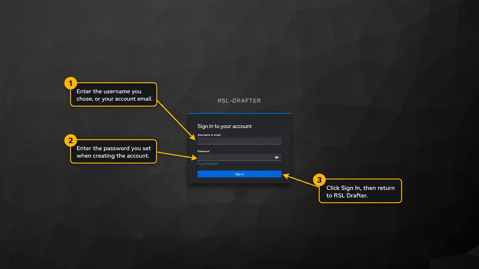 RSL Drafter sign-in page. Numbered arrows point to the username or email field, password field, and Sign In button.