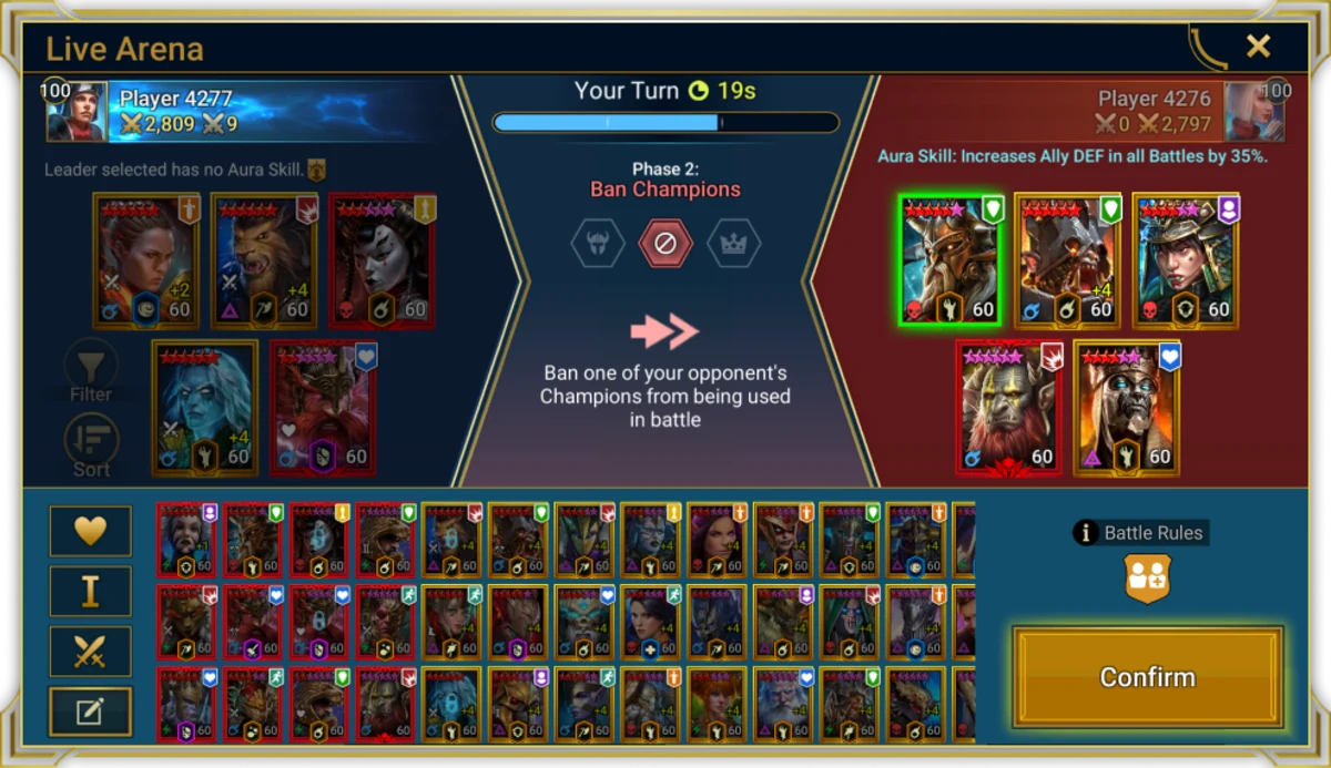Official RAID Live Arena screenshot showing champion picks and the ban phase.