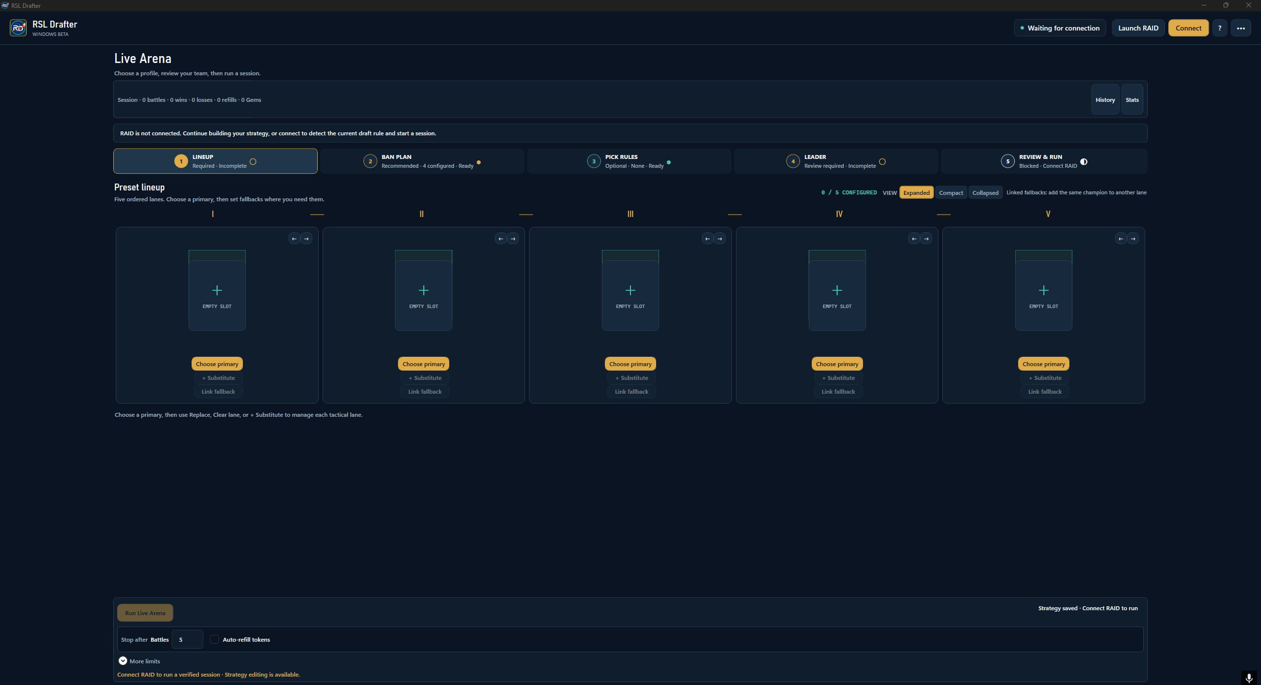 Actual RSL Drafter Live Arena screen showing five empty preset lanes, draft workflow steps and session limits.